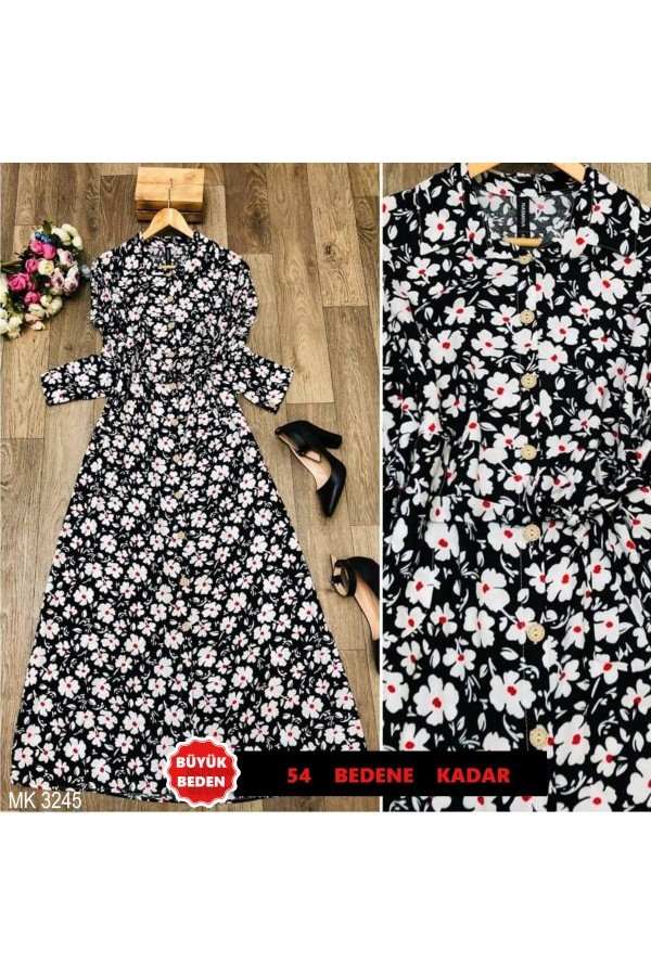 Büyük Beden Papatya Desenli Düğmeli Pamuk Viskon Elbise  Siyah