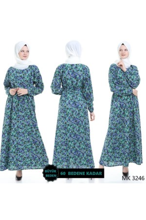 Büyük Beden Düğme Detaylı Desenli Pamuk Viskon Elbise  Saks