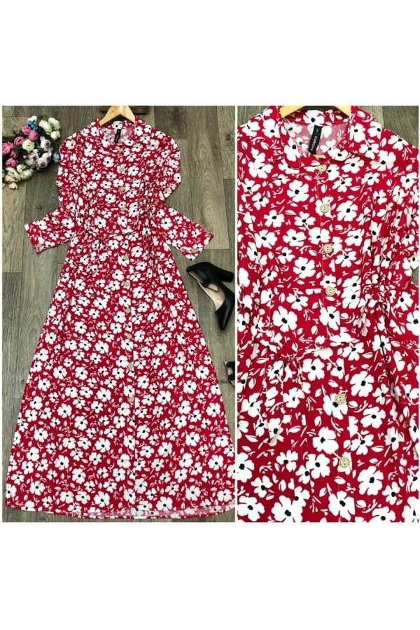 Büyük Beden Papatya Desenli Düğmeli Pamuk Viskon Elbise  Kırmızı