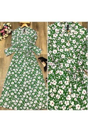Büyük Beden Papatya Desenli Düğmeli Pamuk Viskon Elbise Yeşil Büyük Beden Papatya Desenli Düğmeli Pamuk Viskon Elbise Yeşil