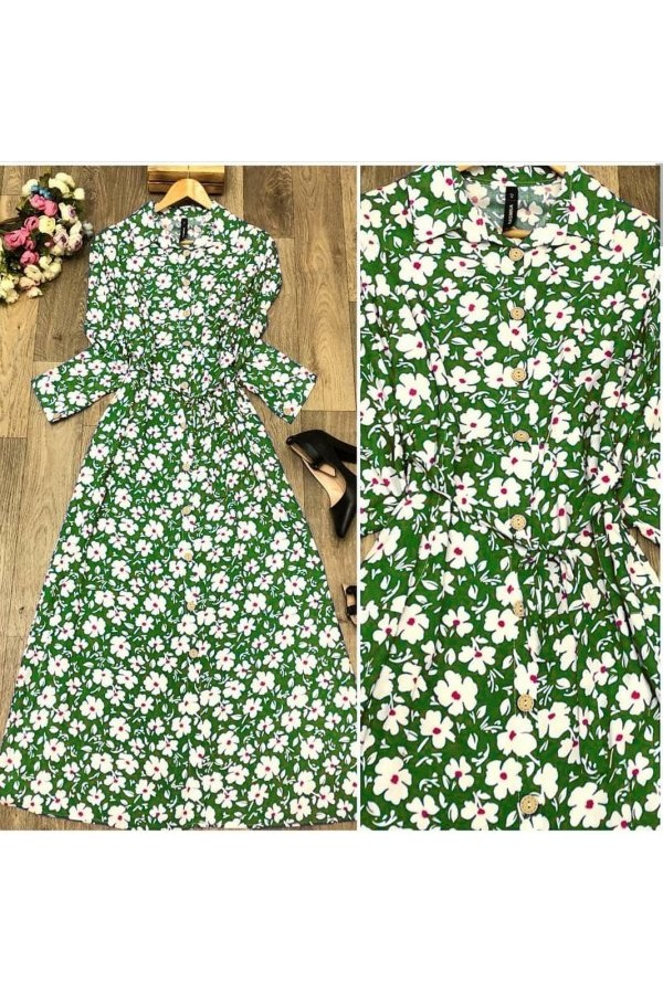 Büyük Beden Papatya Desenli Düğmeli Pamuk Viskon Elbise  Yeşil