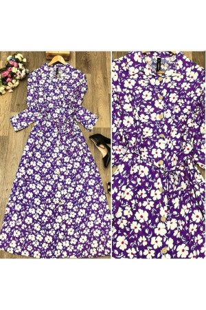 Büyük Beden Papatya Desenli Düğmeli Pamuk Viskon Elbise Mor Büyük Beden Papatya Desenli Düğmeli Pamuk Viskon Elbise Mor