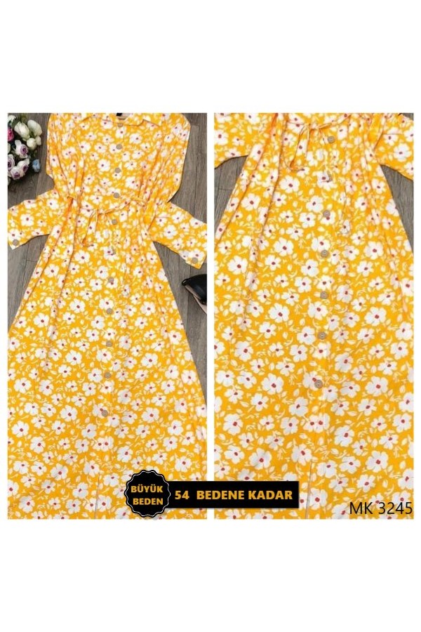 Büyük Beden Papatya Desenli Düğmeli Pamuk Viskon Elbise Sarı Büyük Beden Papatya Desenli Düğmeli Pamuk Viskon Elbise Sarı