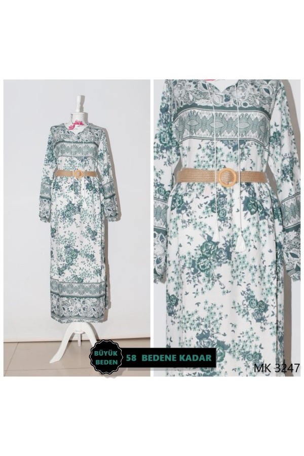 Büyük Beden Çiçek Bahçesi Pamuk Viskon Elbise  KEMER HEDİYELİ   Yeşil