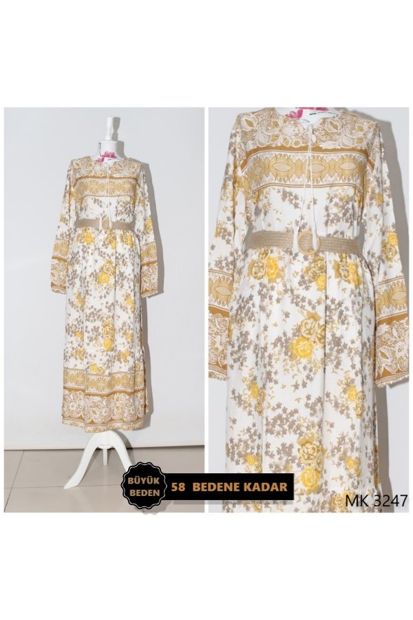 Büyük Beden Çiçek Bahçesi Pamuk Viskon Elbise  KEMER HEDİYELİ  Hardal
