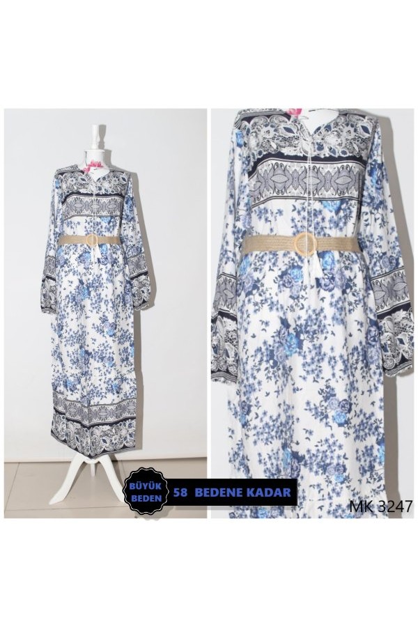 Büyük Beden Çiçek Bahçesi Pamuk Viskon Elbise  KEMER HEDİYELİ   Mavi