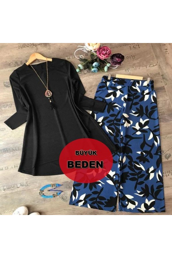 Büyük Beden Desenli İkili Takım Mavi Dal Büyük Beden Desenli İkili Takım Mavi Dal