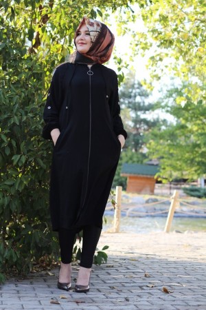 Büyük Beden Kolları Düğme Detaylı Kapşonlu Fermuarlı Kap  Siyah