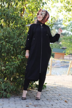 Büyük Beden Kolları Düğme Detaylı Kapşonlu Fermuarlı Kap  Siyah