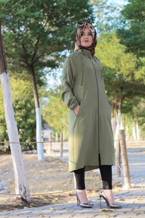 Büyük Beden Kolları Düğme Detaylı Kapşonlu Fermuarlı Kap  Haki