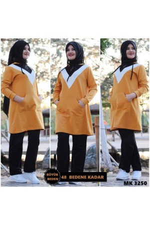Büyük Beden Parçalı V Desen Kapşonlu İkili Takım  Hardal
