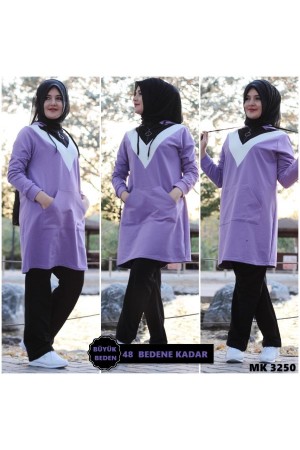 Büyük Beden Parçalı V Desen Kapşonlu İkili Takım  Lila