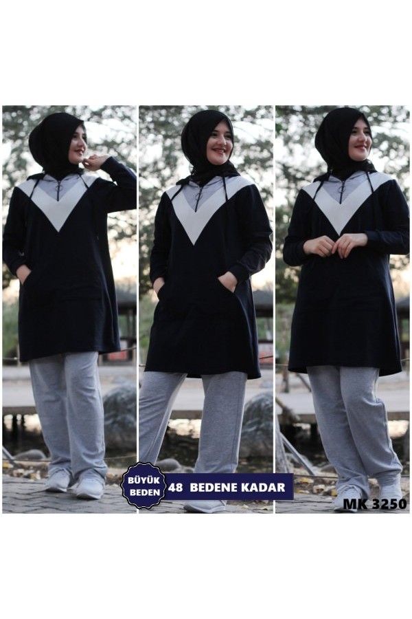 Büyük Beden Parçalı V Desen Kapşonlu İkili Takım  Lacivert