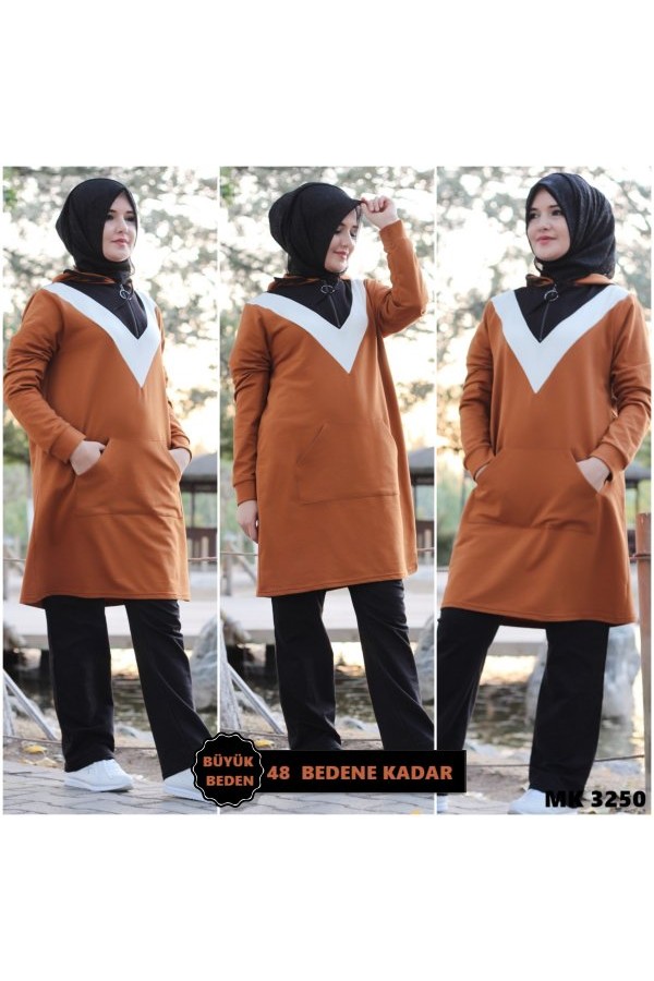 Büyük Beden Parçalı V Desen Kapşonlu İkili Takım  Kiremit