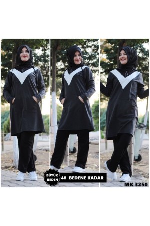 Büyük Beden Parçalı V Desen Kapşonlu İkili Takım  Füme