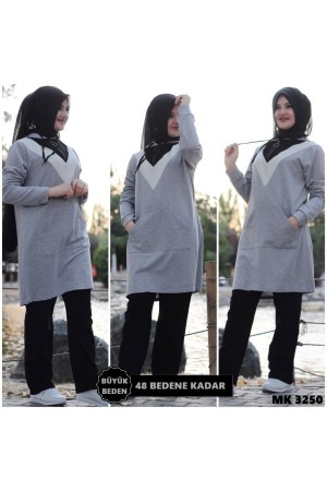 Büyük Beden Parçalı V Desen Kapşonlu İkili Takım  Açık Gri