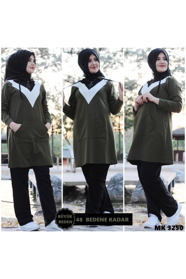 Büyük Beden Parçalı V Desen Kapşonlu İkili Takım Haki Büyük Beden Parçalı V Desen Kapşonlu İkili Takım Haki