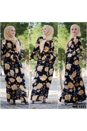 Büyük Beden Gül Bahçesi Desenli Komple Düğmeli Elbise Sarı Büyük Beden Gül Bahçesi Desenli Komple Düğmeli Elbise Sarı