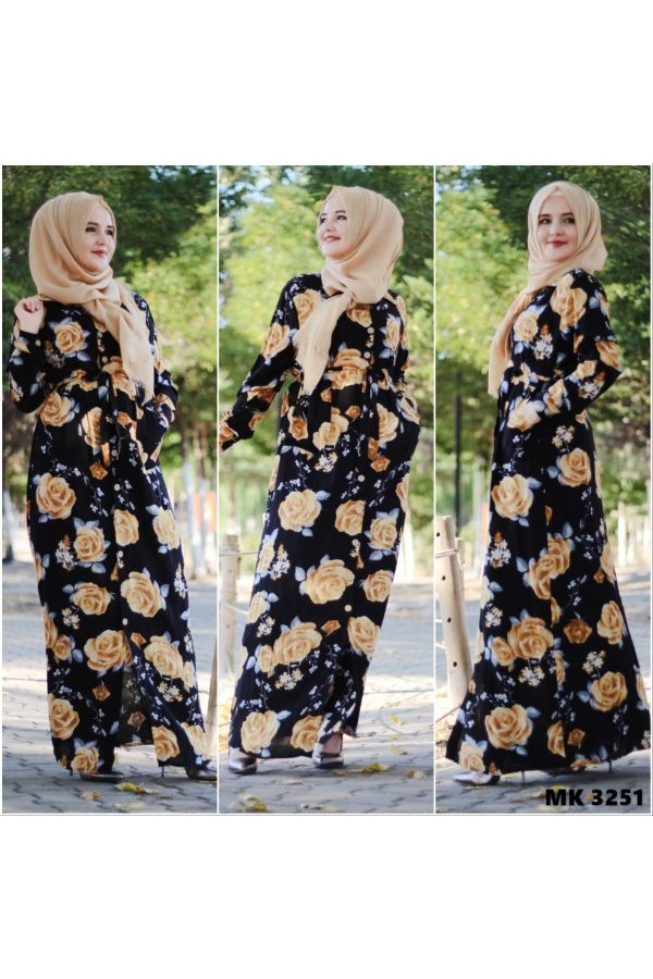 Büyük Beden Gül Bahçesi Desenli Komple Düğmeli Elbise  Sarı