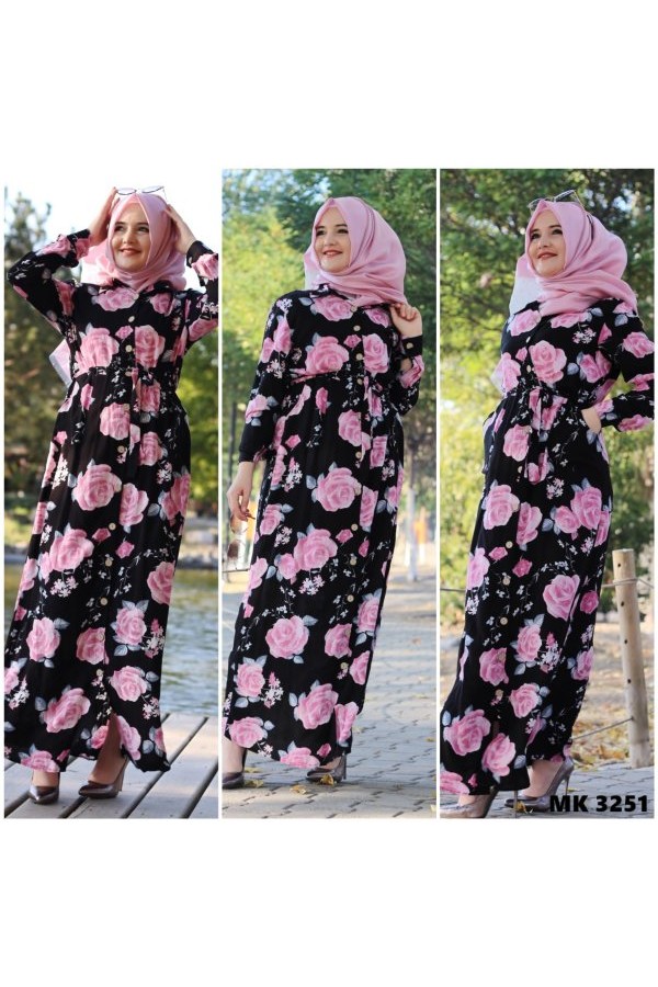 Büyük Beden Gül Bahçesi Desenli Komple Düğmeli Elbise Pembe Büyük Beden Gül Bahçesi Desenli Komple Düğmeli Elbise Pembe