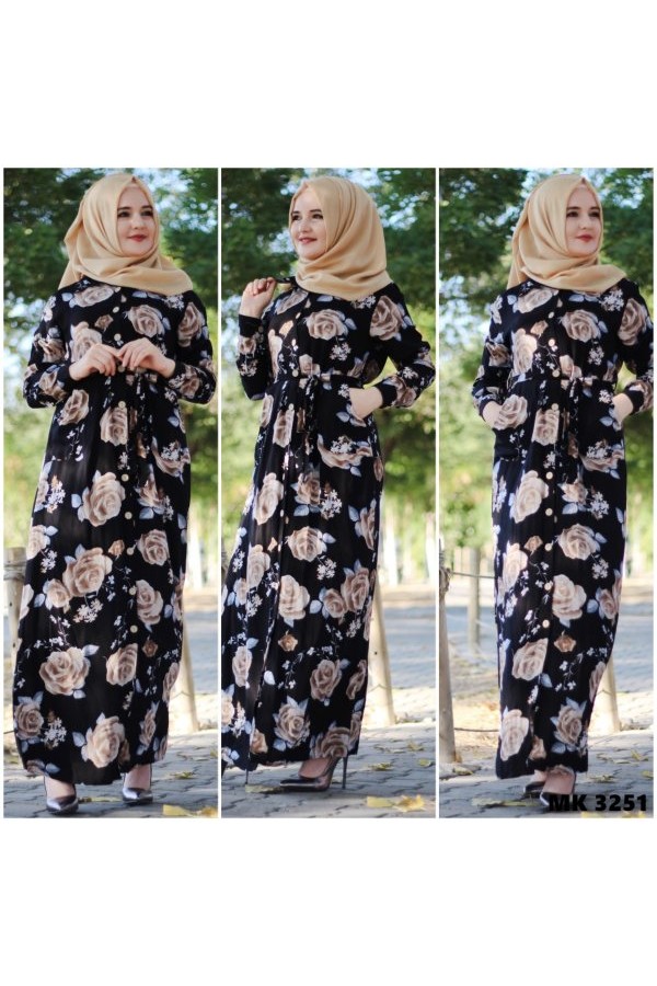 Büyük Beden Gül Bahçesi Desenli Komple Düğmeli Elbise Vizon Büyük Beden Gül Bahçesi Desenli Komple Düğmeli Elbise Vizon