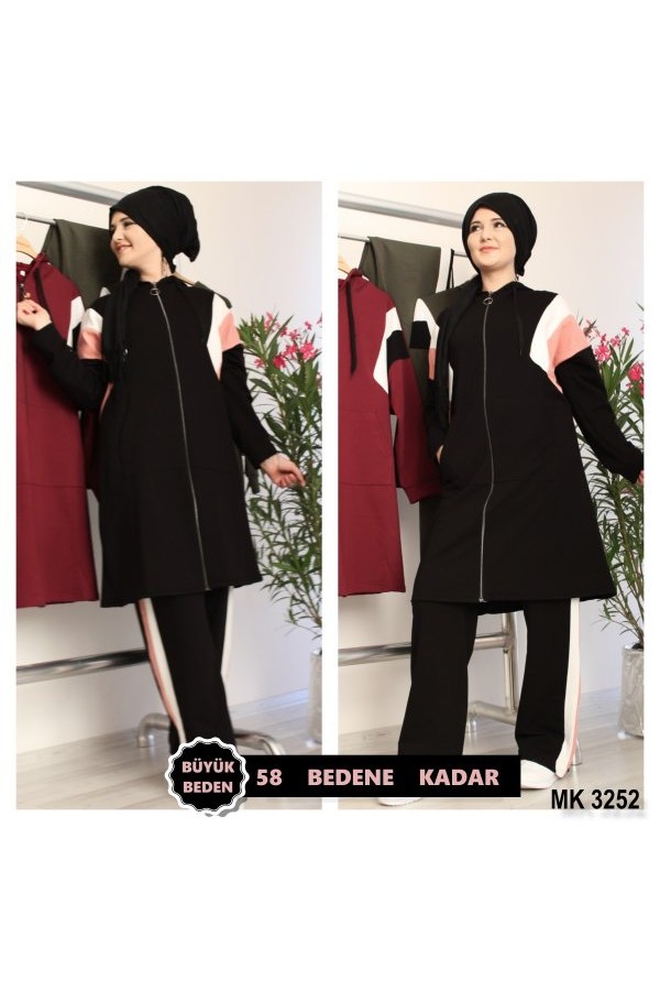 Büyük Beden Reglan Şeritli Kapşonlu İkili Takım Siyah Büyük Beden Reglan Şeritli Kapşonlu İkili Takım Siyah