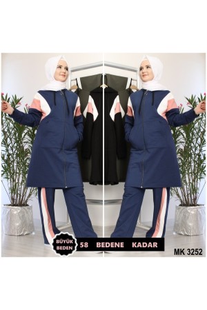 Büyük Beden Reglan Şeritli Kapşonlu İkili Takım  Petrol Mavisi