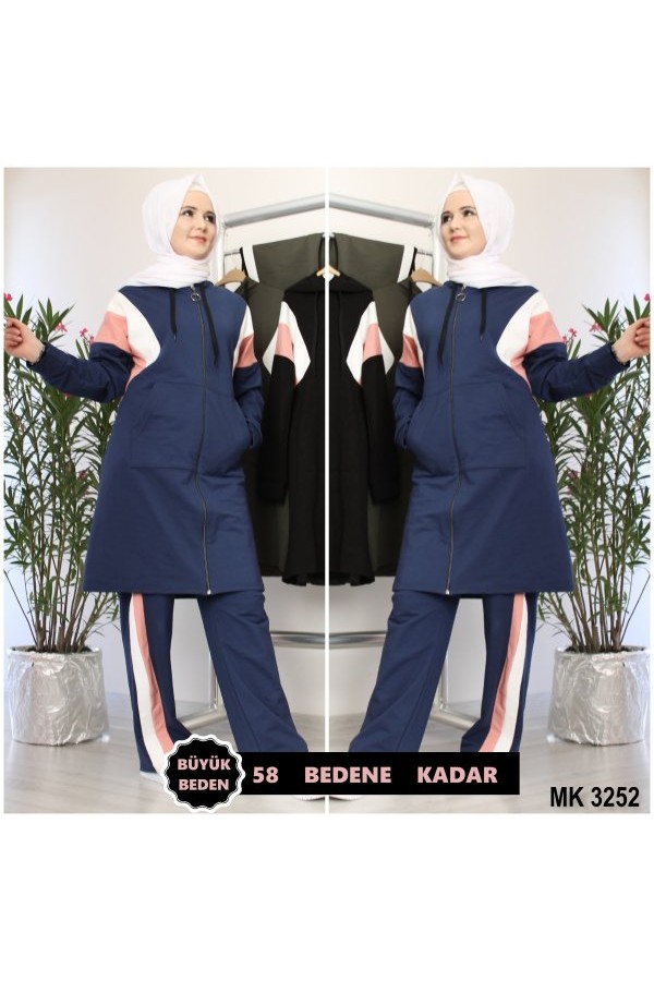 Büyük Beden Reglan Şeritli Kapşonlu İkili Takım Petrol Mavisi Büyük Beden Reglan Şeritli Kapşonlu İkili Takım Petrol Mavisi