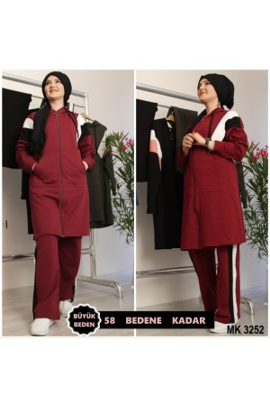 Büyük Beden Reglan Şeritli Kapşonlu İkili Takım  Bordo
