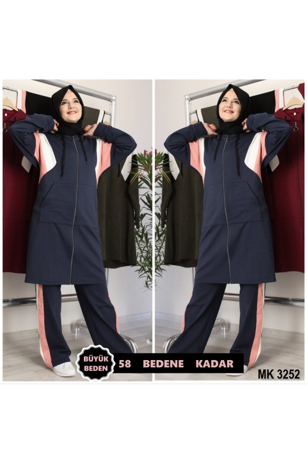 Büyük Beden Reglan Şeritli Kapşonlu İkili Takım  Lacivert