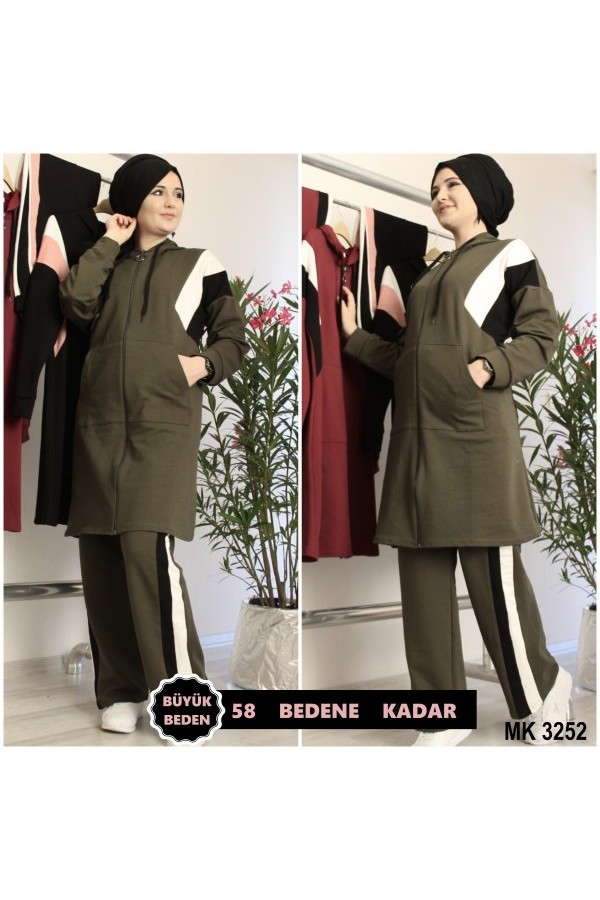 Büyük Beden Reglan Şeritli Kapşonlu İkili Takım Haki Büyük Beden Reglan Şeritli Kapşonlu İkili Takım Haki