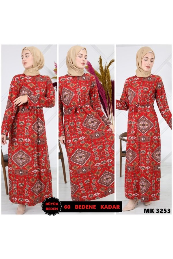 Büyük Beden Desenli Pamuklu Elbise  Kırmızı Etnik