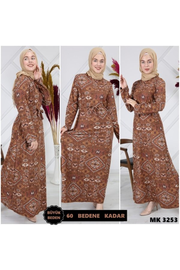 Büyük Beden Desenli Pamuklu Elbise  Taba Etnik