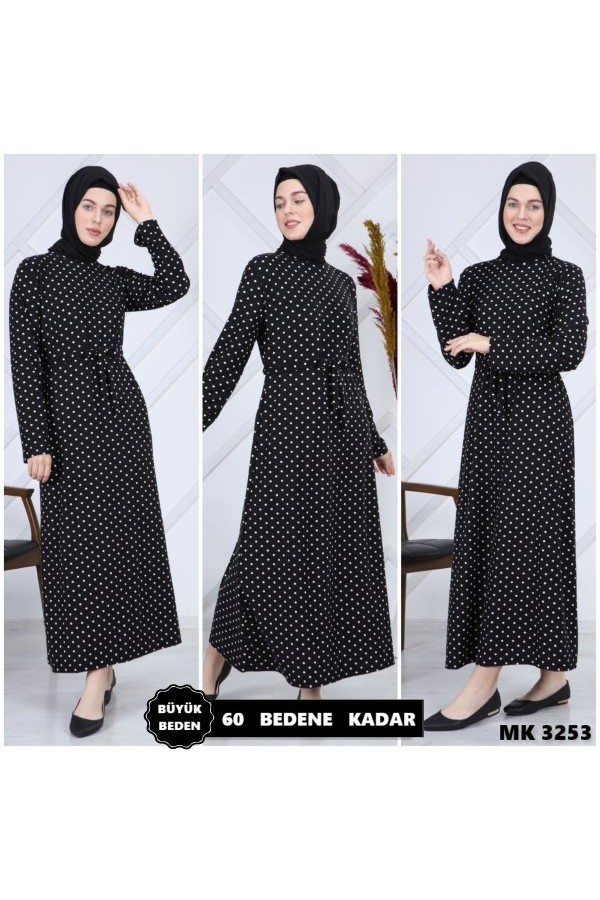 Büyük Beden Desenli Pamuklu Elbise  Siyah Puanlı