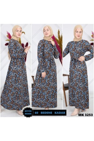 Büyük Beden Desenli Pamuklu Elbise Mavi Büyük Beden Desenli Pamuklu Elbise Mavi