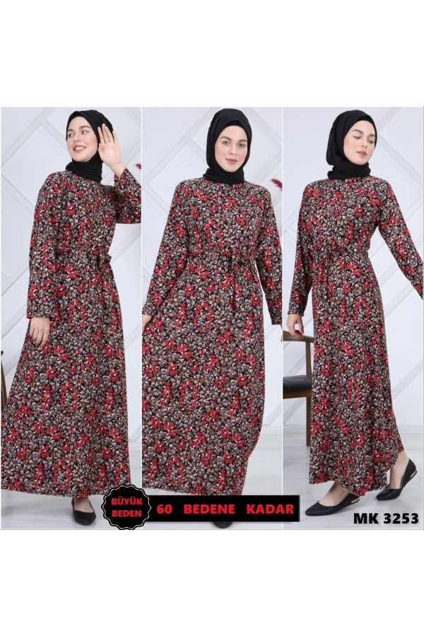 Büyük Beden Desenli Pamuklu Elbise  Kırmızı