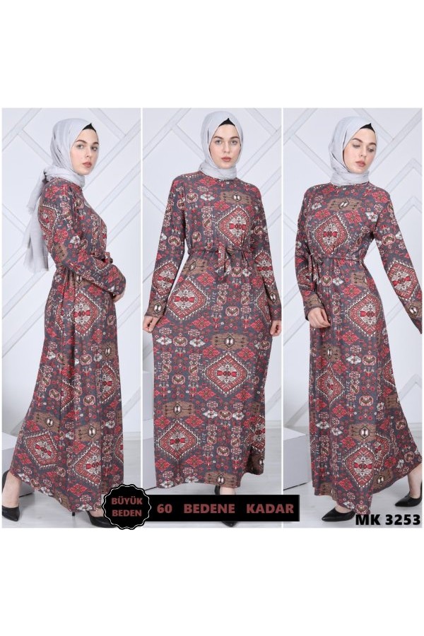 Büyük Beden Desenli Pamuklu Elbise  Antrasit