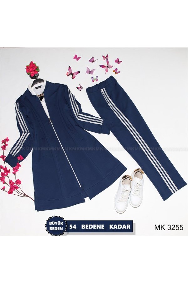 Büyük Beden Sim Şeritli Fermuarlı Eşofman Takım Petrol Büyük Beden Sim Şeritli Fermuarlı Eşofman Takım Petrol