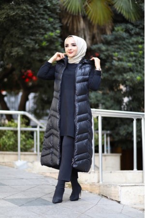 Hakiki Gerçek Elyaf Dolum Kapşonlu Şişme Yelek 120cm  Siyah