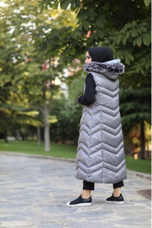 Hakiki Gerçek Elyaf Dolum Kapşonlu Şişme Yelek 120cm Gri Hakiki Gerçek Elyaf Dolum Kapşonlu Şişme Yelek 120cm Gri
