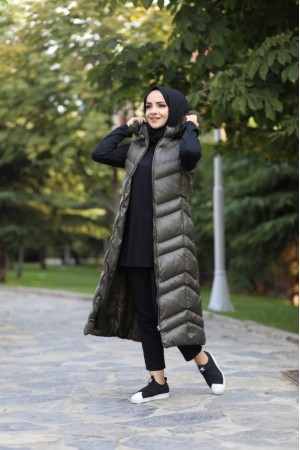 Hakiki Gerçek Elyaf Dolum Kapşonlu Şişme Yelek 120cm Haki Hakiki Gerçek Elyaf Dolum Kapşonlu Şişme Yelek 120cm Haki