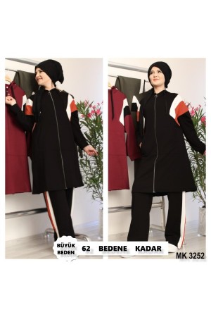 Büyük Beden Reglan Şeritli Kapşonlu İkili Takım Siyah