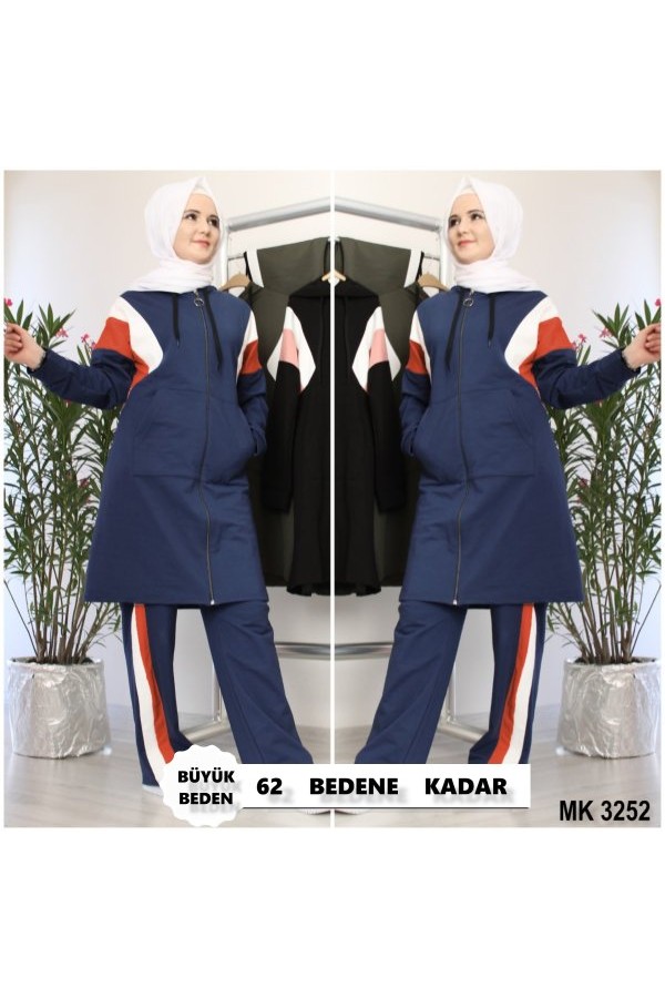 Büyük Beden Reglan Şeritli Kapşonlu İkili Takım Petrol Büyük Beden Reglan Şeritli Kapşonlu İkili Takım Petrol