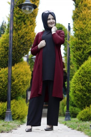 Büyük Beden Desenli Üçlü  Takım  kimono tunik pantolon   Bordo