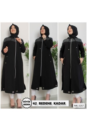 Büyük Beden Kapşonlu Üstü Parçalı İki İplik Kap - Siyah 