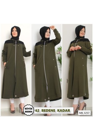 Büyük Beden Kapşonlu Üstü Parçalı İki İplik Kap  Haki