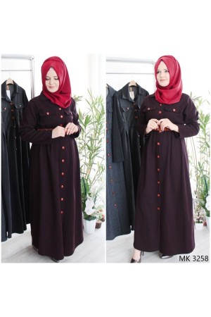 Büyük Beden Düğmeli Yumuşak Kaşe Ferace Elbise  Kemer Hediyeli Bordo Çizgili