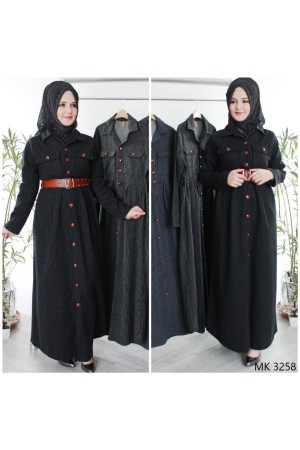 Büyük Beden Düğmeli Yumuşak Kaşe Ferace Elbise  Kemer Hediyeli  Siyah Çizgili