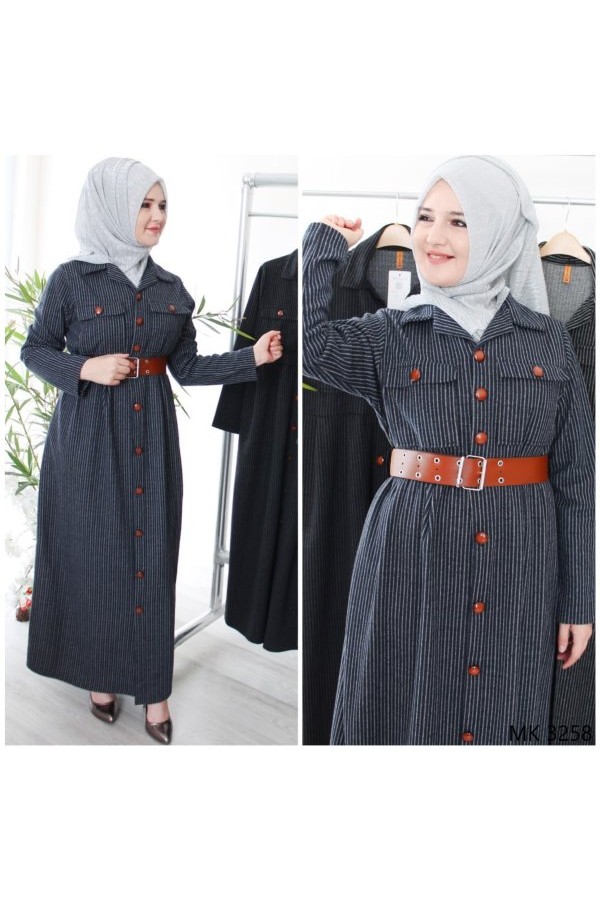 Büyük Beden Düğmeli Yumuşak Kaşe Ferace Elbise  Kemer Hediyeli  Lacivert Çizgili
