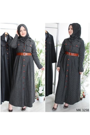 Büyük Beden Düğmeli Yumuşak Kaşe Ferace Elbise Kemer Hediyeli Füme Çizgili Büyük Beden Düğmeli Yumuşak Kaşe Ferace Elbise Kemer Hediyeli Füme Çizgili
